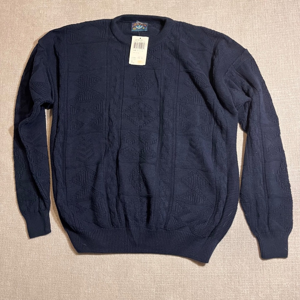 JANTZEN Mens Navy Blue‎ 100% Cotton Textured Knit Sweater XL Made in USA